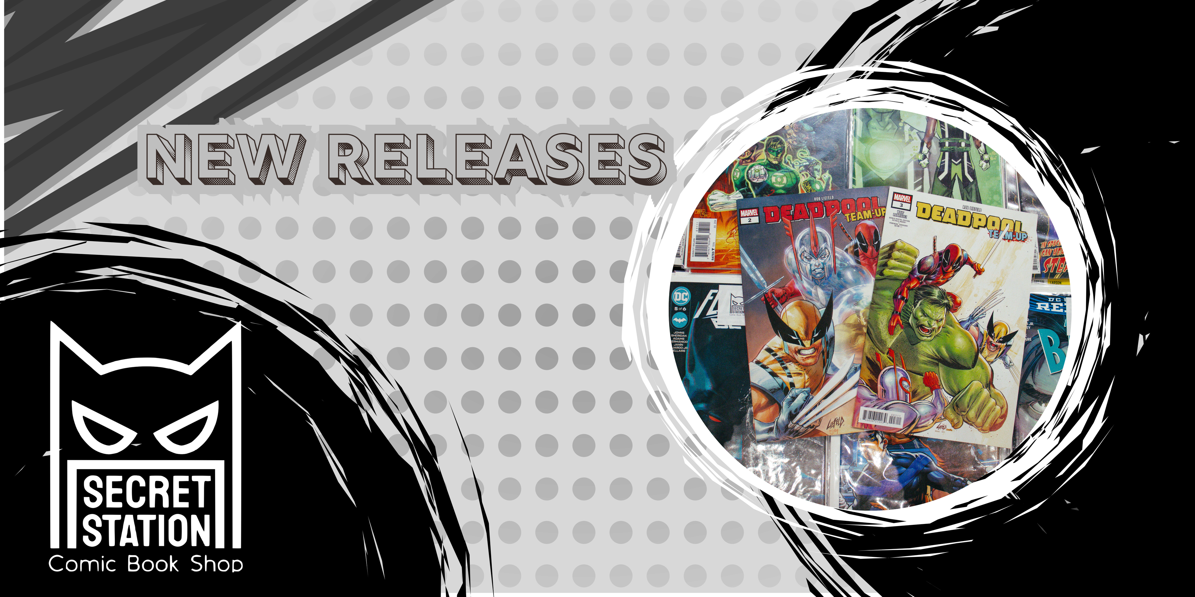 Comic book shop promotional banner with 'Secret Station' logo and comic books.